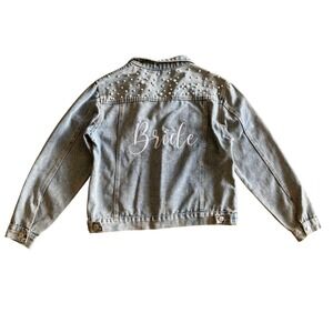 Bride Denim Jacket Pearl Embellished‎ Wedding Bridal Jean Jacket Medium/Large